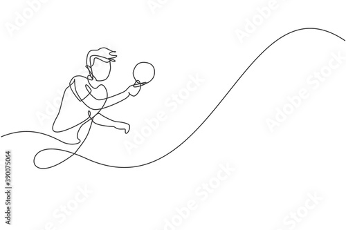 Single continuous line drawing of young agile man table tennis player focus practicing. Sport exercise concept. Trendy one line draw design vector illustration for ping pong tournament promotion media