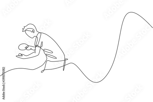 Single continuous line drawing of young agile man table tennis player focus to serve. Sport exercise concept. Trendy one line draw design vector illustration for ping pong tournament promotion media