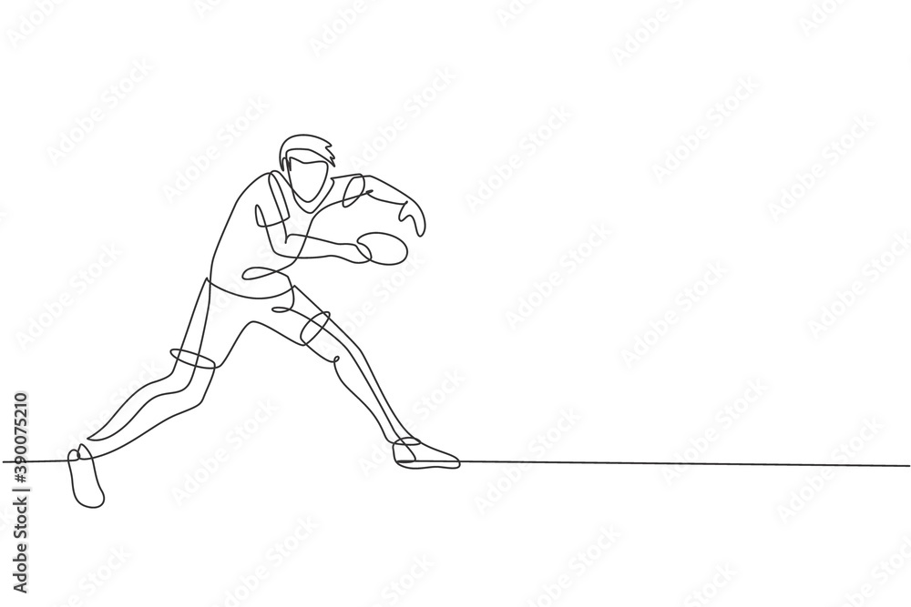 One single line drawing young energetic man table tennis player pose defensively vector graphic illustration. Sport training concept. Modern continuous line draw design for ping pong tournament banner One single line drawing young energetic man table tennis player pose defensively vector graphic illustration. Sport training concept. Modern continuous line draw design for ping pong tournament banner