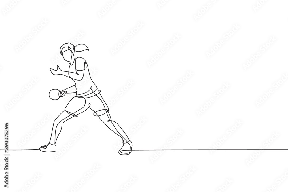 Single continuous line drawing of young agile woman table tennis player serve the ball. Sport exercise concept. Trendy one line draw design vector illustration for ping pong tournament promotion media