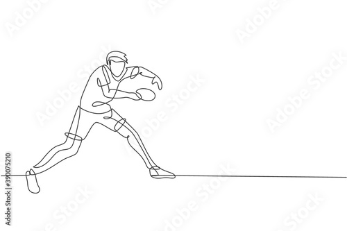 One single line drawing young energetic man table tennis player pose defensively vector graphic illustration. Sport training concept. Modern continuous line draw design for ping pong tournament banner