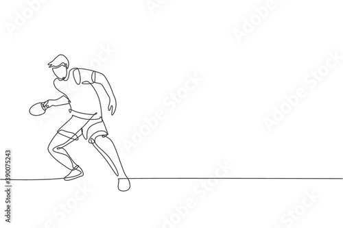 Single continuous line drawing of young agile man table tennis player hold rival attack. Sport exercise concept. Trendy one line draw design vector illustration for ping pong match promotion media