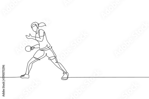 Single continuous line drawing of young agile woman table tennis player serve the ball. Sport exercise concept. Trendy one line draw design vector illustration for ping pong tournament promotion media
