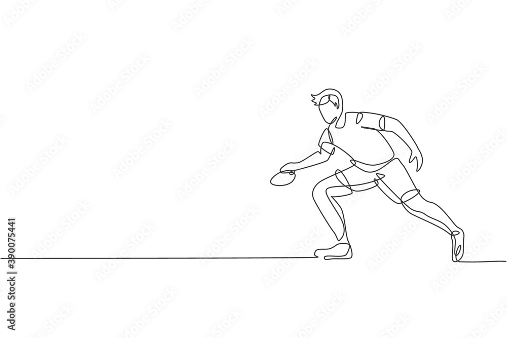 One single line drawing of energetic man table tennis player practice to hold rival smash vector illustration graphic. Sport concept. Modern continuous line draw design for ping pong tournament banner One single line drawing of energetic man table tennis player practice to hold rival smash vector illustration graphic. Sport concept. Modern continuous line draw design for ping pong tournament banner