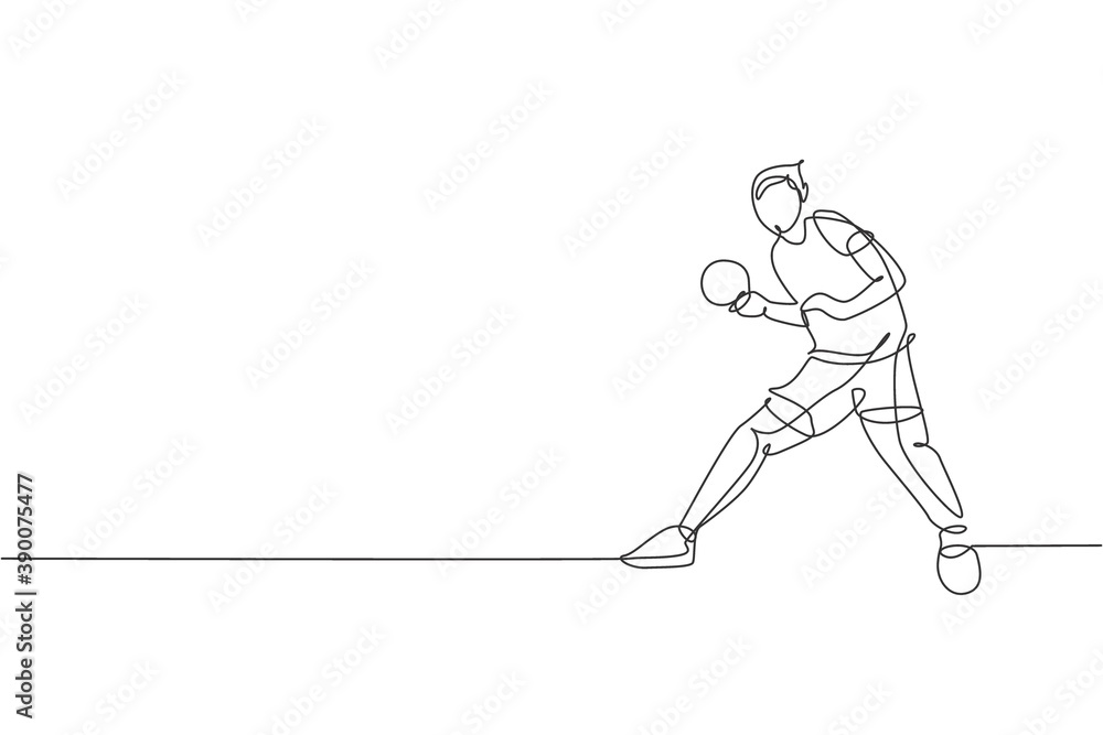 One single line drawing young energetic man table tennis player train seriously vector graphic illustration. Sport training concept. Modern continuous line draw design for ping pong tournament banner
