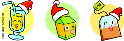 Cute and funny three type pf drinks wearing Santa's hat for christmas - vector