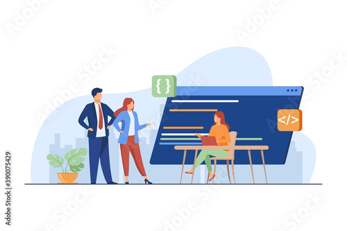 Programmers coding new program. Laptop, code, development flat vector illustration. Programming and digital technology concept for banner, website design or landing web page