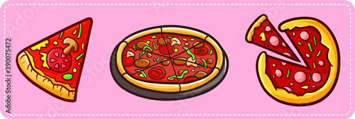 Funny and yummy three pizzas in slice and a whole