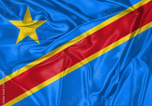 Congo flag waving in the wind. National flag on satin cloth surface texture. Background for international concept.