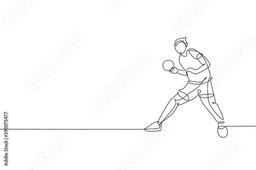 One single line drawing young energetic man table tennis player train seriously vector graphic illustration. Sport training concept. Modern continuous line draw design for ping pong tournament banner © Simple Line