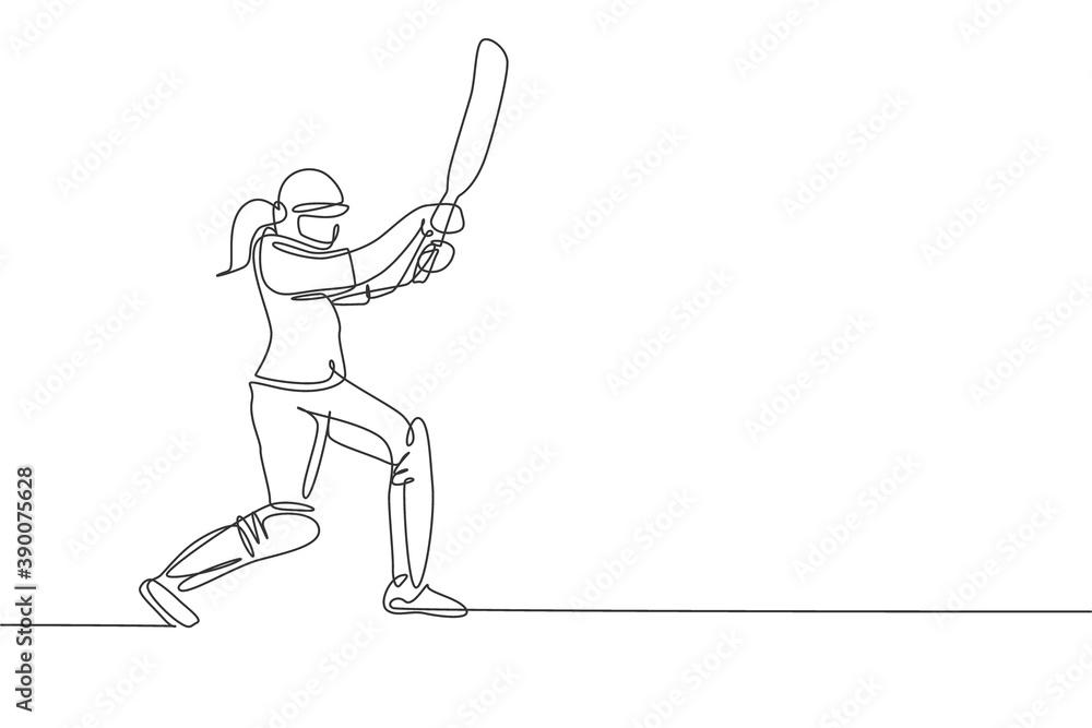 One single line drawing of young energetic woman cricket player standing and hit the ball so hard vector illustration. Sport concept. Modern continuous line draw design for cricket competition banner