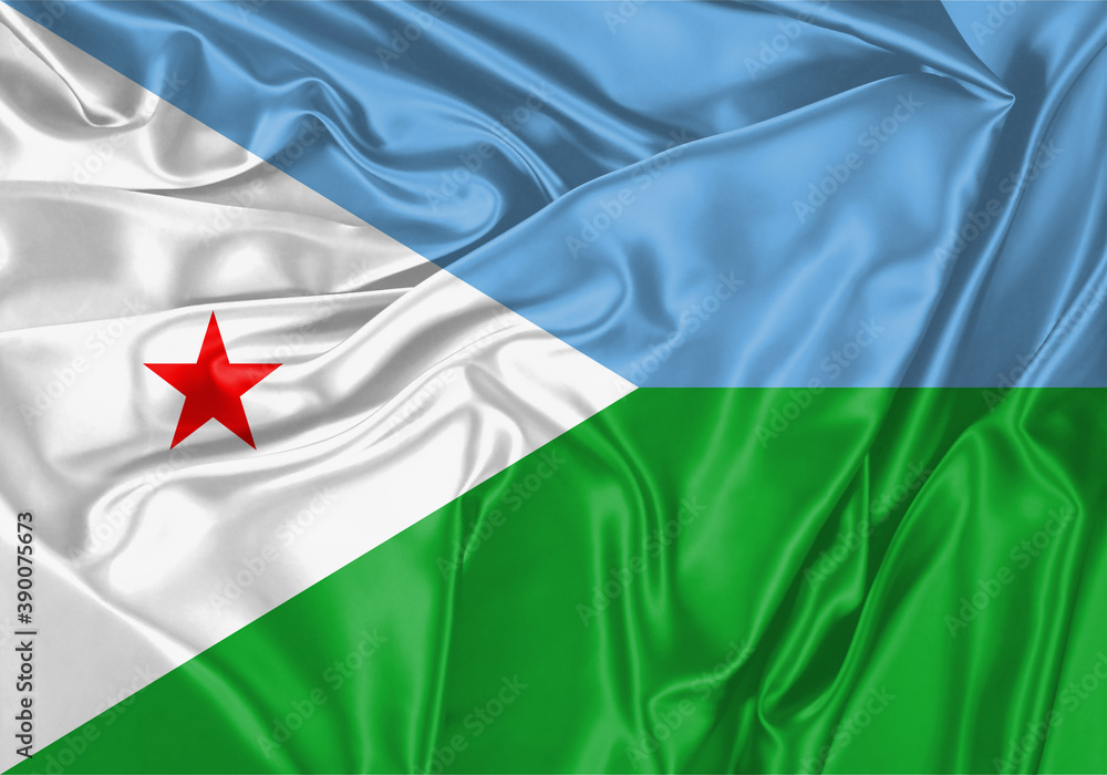 Djibouti flag waving in the wind. National flag on satin cloth surface texture. Background for international concept.