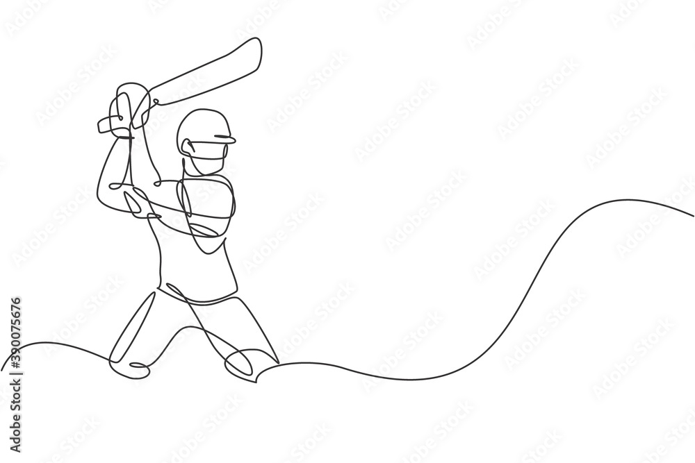 Single continuous line drawing of young agile man cricket player standing and ready to hit ball vector illustration. Sport exercise concept. Trendy one line draw design for cricket promotion media Single continuous line drawing of young agile man cricket player standing and ready to hit ball vector illustration. Sport exercise concept. Trendy one line draw design for cricket promotion media