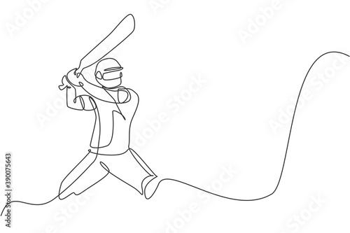 One continuous line drawing of young happy man cricket player standing stance to hit the ball vector illustration. Competitive sport concept. Dynamic single line draw design for advertisement poster