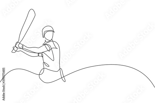 One single line drawing of young energetic man cricket player stance at stadium to hit the ball vector illustration. Sport concept. Modern continuous line draw design for cricket competition banner