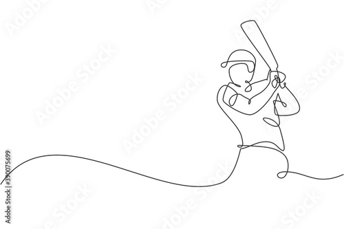 Single continuous line drawing of young agile man cricket player practicing hit the ball at field vector illustration. Sport exercise concept. Trendy one line draw design for cricket promotion media