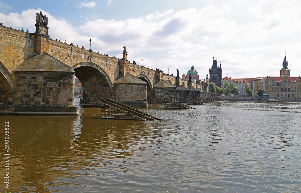 Prague. View of the Charles Bridge and the Old Town from the left bank of the Vltava River.