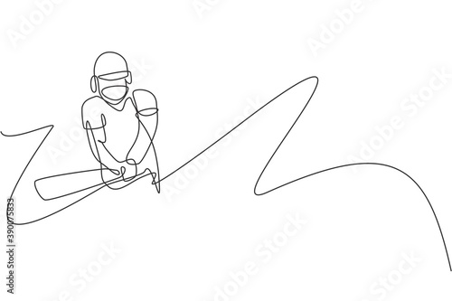 One continuous line drawing of young happy man cricket player hit the ball to home run vector illustration. Competitive sport concept. Dynamic single line draw design for cricket advertisement poster