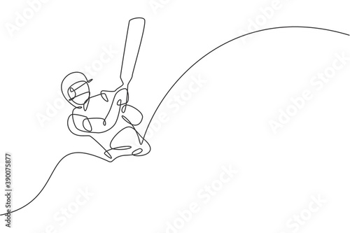 One continuous line drawing of young happy man cricket player focus to train cricket bat swing vector illustration. Competitive sport concept. Dynamic single line draw design for advertisement poster