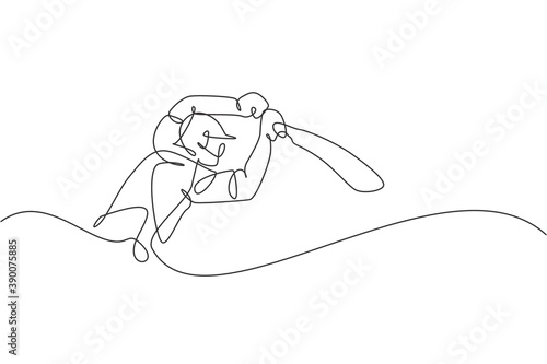 One single line drawing of young energetic man cricket player stance to hit the ball vector illustration. Competitive sport concept. Modern continuous line draw design for cricket competition banner