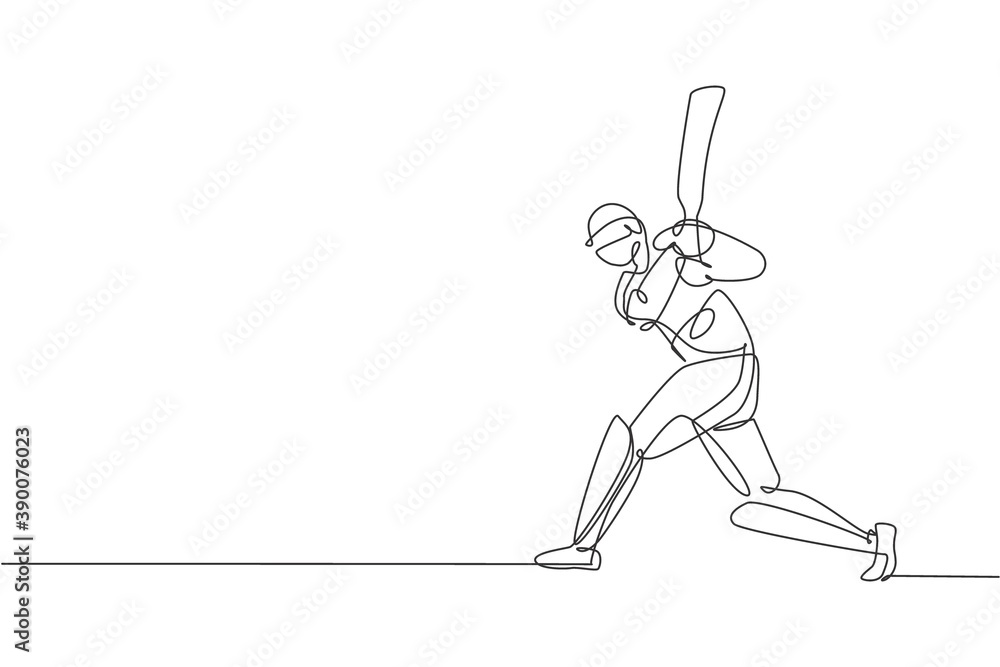 Obraz premium One single line drawing of young energetic man cricket player standing and hitting the ball vector illustration. Sport fair concept. Modern continuous line draw design for cricket competition banner