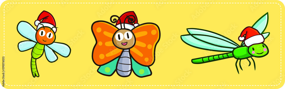Funny and cute dragonfly and butterfly wearing Santa's hat for Christmas celebration Funny and cute dragonfly and butterfly wearing Santa's hat for Christmas celebration
