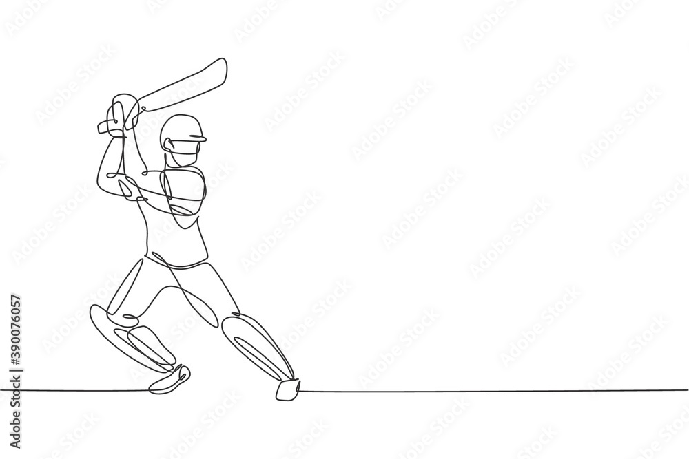 Single continuous line drawing of young agile man cricket player standing and practice to swing bat vector illustration. Sport exercise concept. Trendy one line draw design for cricket promotion media Single continuous line drawing of young agile man cricket player standing and practice to swing bat vector illustration. Sport exercise concept. Trendy one line draw design for cricket promotion media