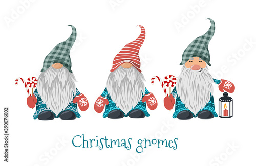 Isolated Christmas gnomes with lollipop and lantern with candle. Vector