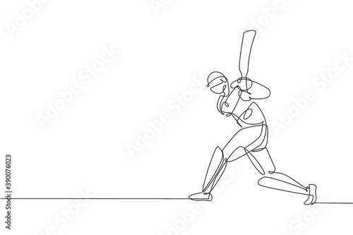 One single line drawing of young energetic man cricket player standing and hitting the ball vector illustration. Sport fair concept. Modern continuous line draw design for cricket competition banner