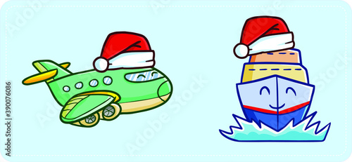 Funny and cute airplane and cruise ship wearing Santa's hat for Christmas celebration