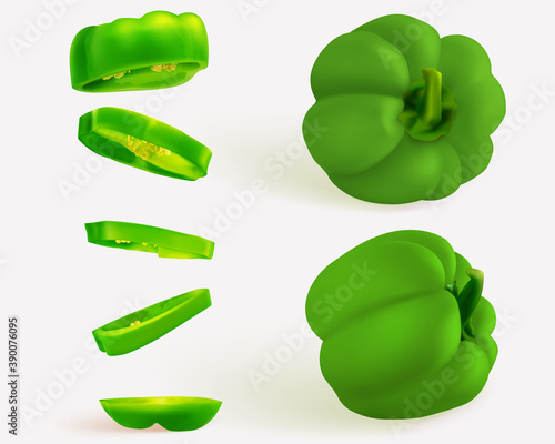 Slice pepper, Hungarian pepper, realistic sweet papper. Capsicum habanero colorful paprika isolated on light background.