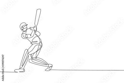 Single continuous line drawing of young agile man cricket player practicing hit the ball at field vector illustration. Sport exercise concept. Trendy one line draw design for cricket promotion media