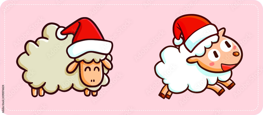 Funny and cute two sheeps wearing Santa's hat for Christmas celebration Funny and cute two sheeps wearing Santa's hat for Christmas celebration