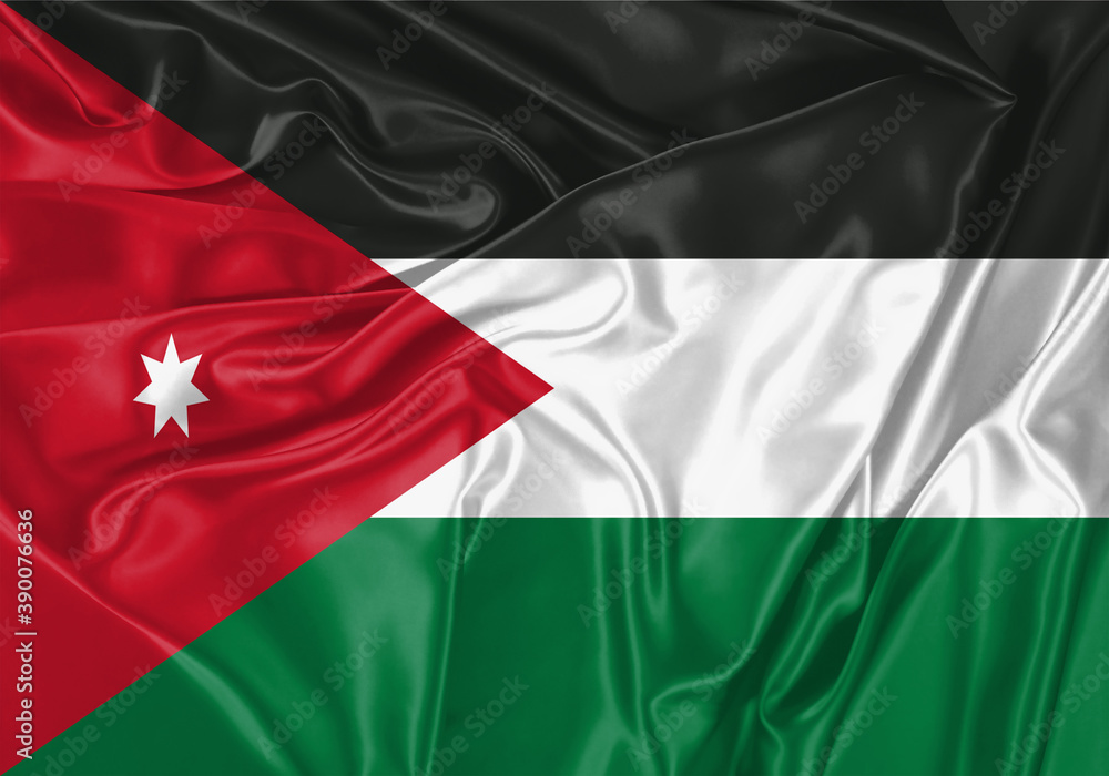 Obraz premium Jordan flag waving in the wind. National flag on satin cloth surface texture. Background for international concept.