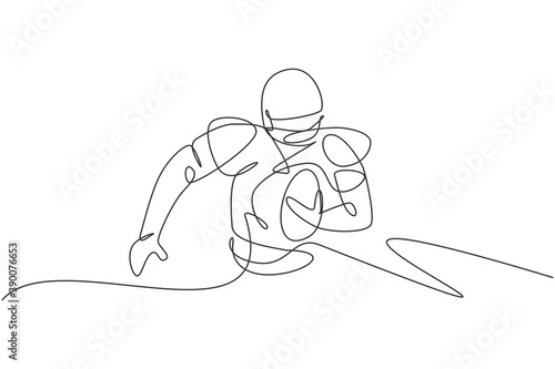 One continuous line drawing of young happy man american football player running and hold the ball for competition poster. Sport teamwork concept. Dynamic single line draw design vector illustration