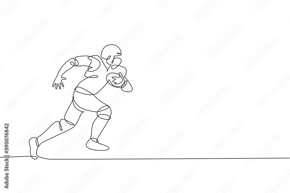 Fototapeta premium One single line drawing of young energetic american football player running while hold the ball for league promotion. Sport competition concept. Modern continuous line draw design vector illustration