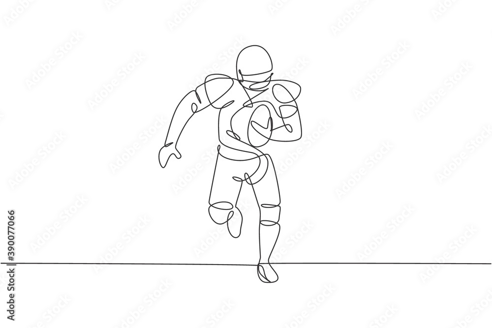 Single continuous line drawing of young agile american football player running fast towards goal line for competition media. Sport exercise concept. Trendy one line draw design vector illustration Single continuous line drawing of young agile american football player running fast towards goal line for competition media. Sport exercise concept. Trendy one line draw design vector illustration