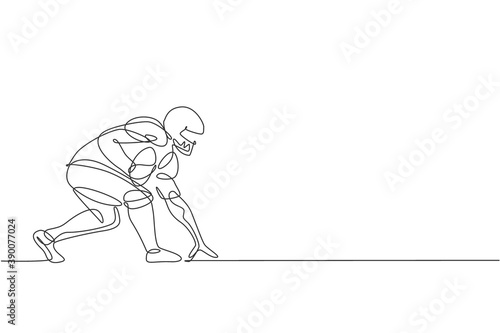 One continuous line drawing of young american football player stance to run fast to reach goal line for competition poster. Sport teamwork concept. Dynamic single line draw design vector illustration