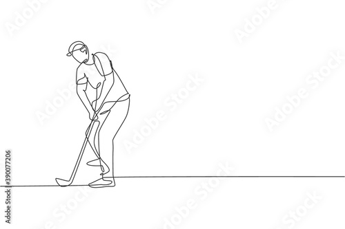 One continuous line drawing of young golf player swing golf club and hit the ball. Leisure sport concept. Dynamic single line draw graphic design vector illustration for tournament promotion media