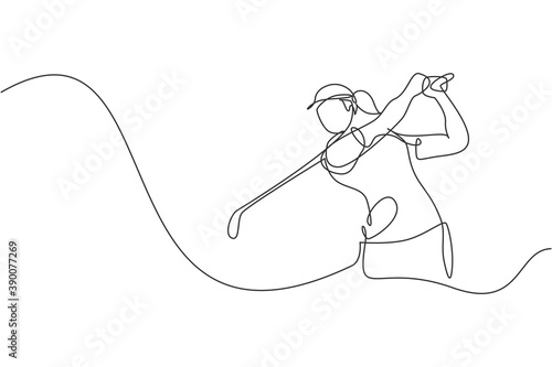 One single line drawing of young sporty golf player hit the ball using golf club graphic vector illustration. Healthy sport concept. Modern continuous line draw design for golf tournament poster
