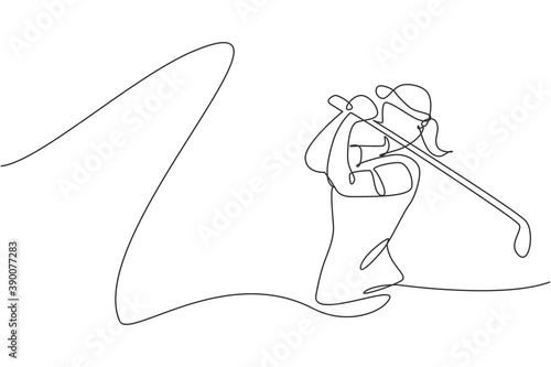 Single continuous line drawing of young happy golf player swing the golf club to hit the ball. Hobby sport concept. Trendy one line draw design vector illustration for golf tournament promotion media