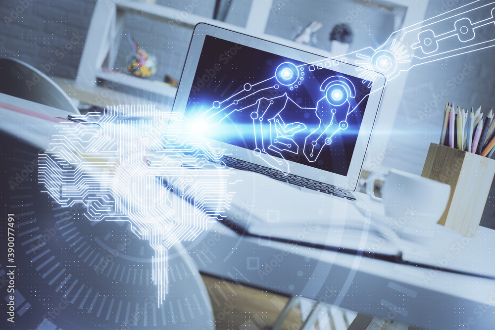 Double exposure of work space with computer and human brain drawing hologram. Brainstorm concept. Double exposure of work space with computer and human brain drawing hologram. Brainstorm concept.