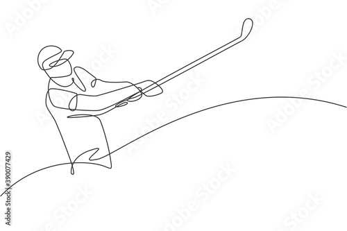 Single continuous line drawing of young happy golf player swing the golf club to hit the ball. Hobby sport concept. Trendy one line draw design vector illustration for golf tournament promotion media