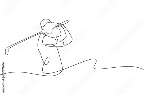 One continuous line drawing of young golf player swing golf club and hit the ball. Leisure sport concept. Dynamic single line draw design graphic vector illustration for tournament promotion media