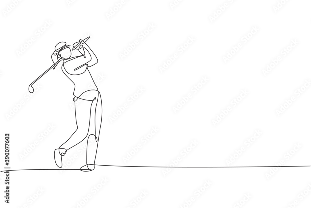 Single continuous line drawing of young happy golf player swing the golf club to hit the ball. Hobby sport concept. Trendy one line draw design vector illustration for golf tournament promotion media Single continuous line drawing of young happy golf player swing the golf club to hit the ball. Hobby sport concept. Trendy one line draw design vector illustration for golf tournament promotion media