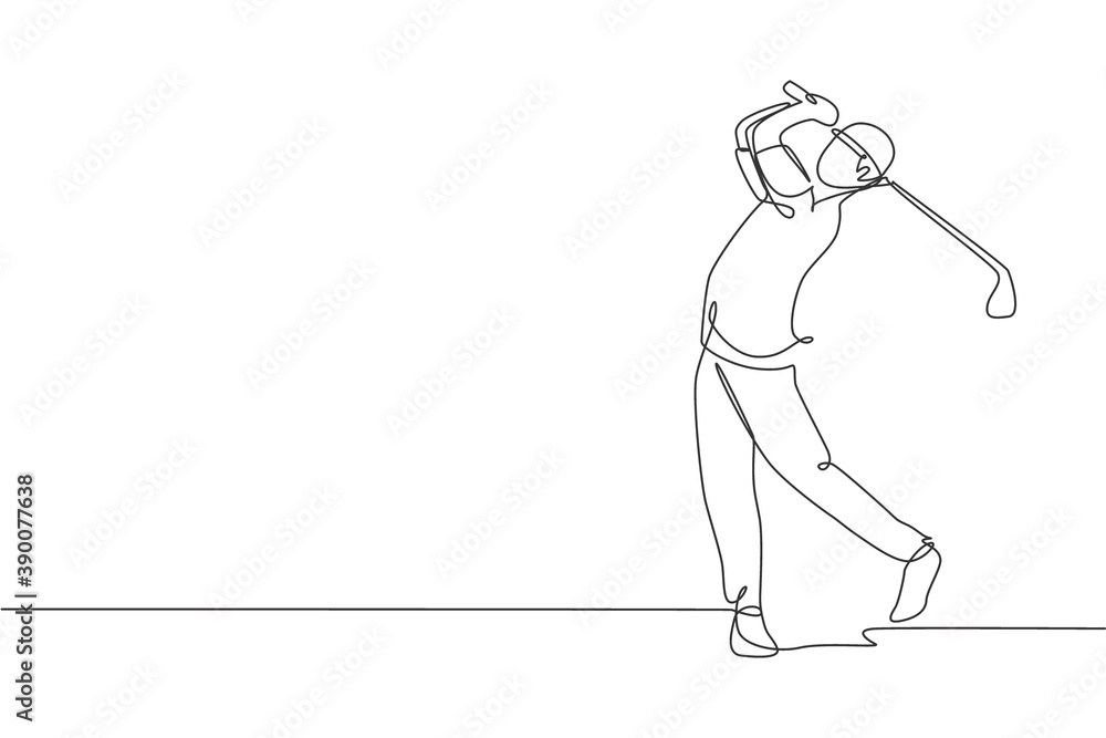 One single line drawing of young sporty golf player hit the ball using golf club graphic vector illustration. Healthy sport concept. Modern continuous line draw design for golf tournament poster