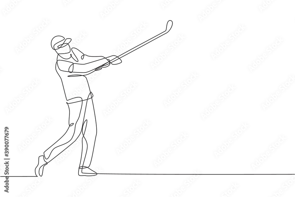 One single line drawing of young sporty golf player hit the ball using golf club vector graphic illustration. Healthy sport concept. Modern continuous line draw design for golf tournament poster One single line drawing of young sporty golf player hit the ball using golf club vector graphic illustration. Healthy sport concept. Modern continuous line draw design for golf tournament poster