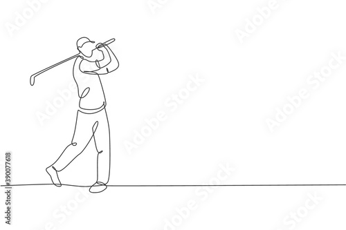 One continuous line drawing of young golf player swing golf club and hit the ball. Leisure sport concept. Dynamic single line draw design graphic vector illustration for tournament promotion media