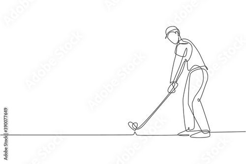 Single continuous line drawing of young happy golf player swing the golf club to hit the ball. Hobby sport concept. Trendy one line draw design vector illustration for golf tournament promotion media