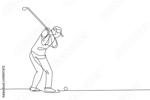 One continuous line drawing of young golf player swing golf club and hit the ball. Leisure sport concept. Dynamic single line draw design vector illustration graphic for tournament promotion media